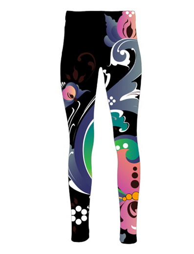 Lycra longs with high waist decorated with continuous motif in green and pink on black
