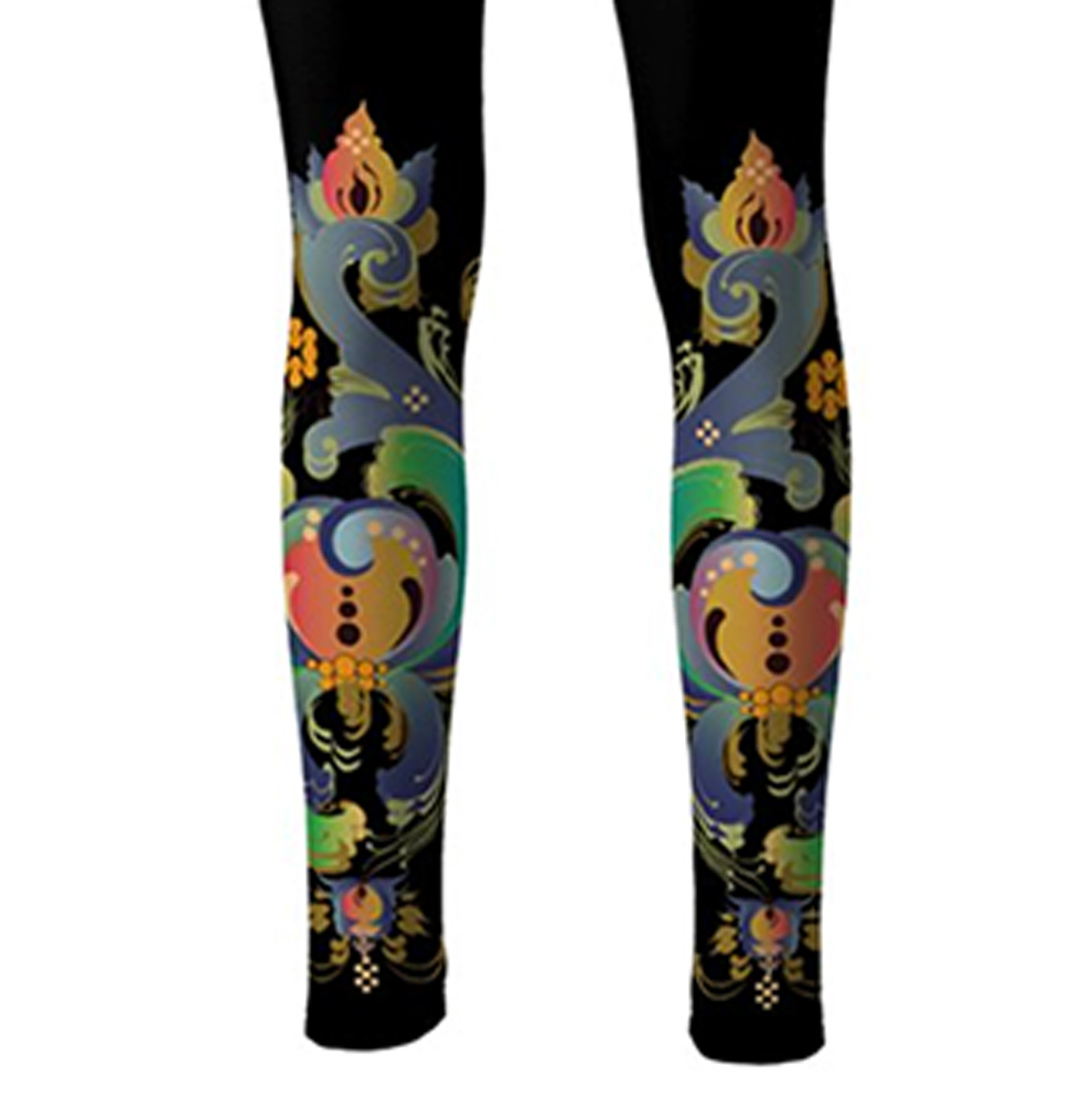 Lycra longs with high waist, decoration ankle to knee, bright colours on black background