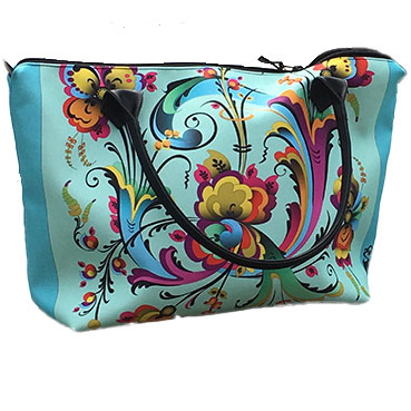 Summer beach bag with top zipper and inside pockets. Colourfull rosemaling on light blue background